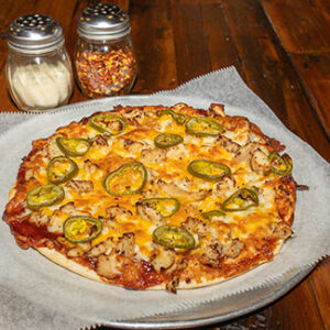 Flash’s BBQ Chicken BBQ Base, Chicken, Cheddar, Mozzarella, Jalapeños