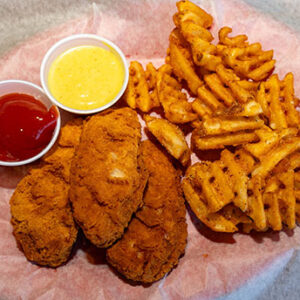 Chicken Tenders with waffle fries served with your choice of dipping sauce.
